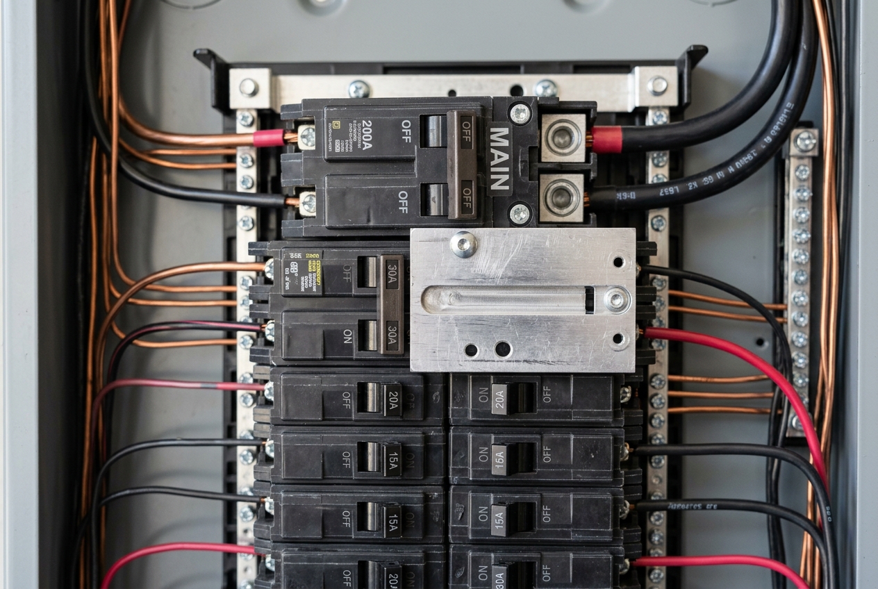 Generator interlock kit sliding plate mechanism installed next to the main breaker on a home electrical panel