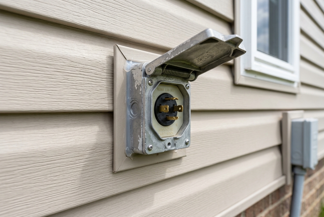 Weatherproof generator power inlet box mounted on a home's exterior wall for connecting a portable generator