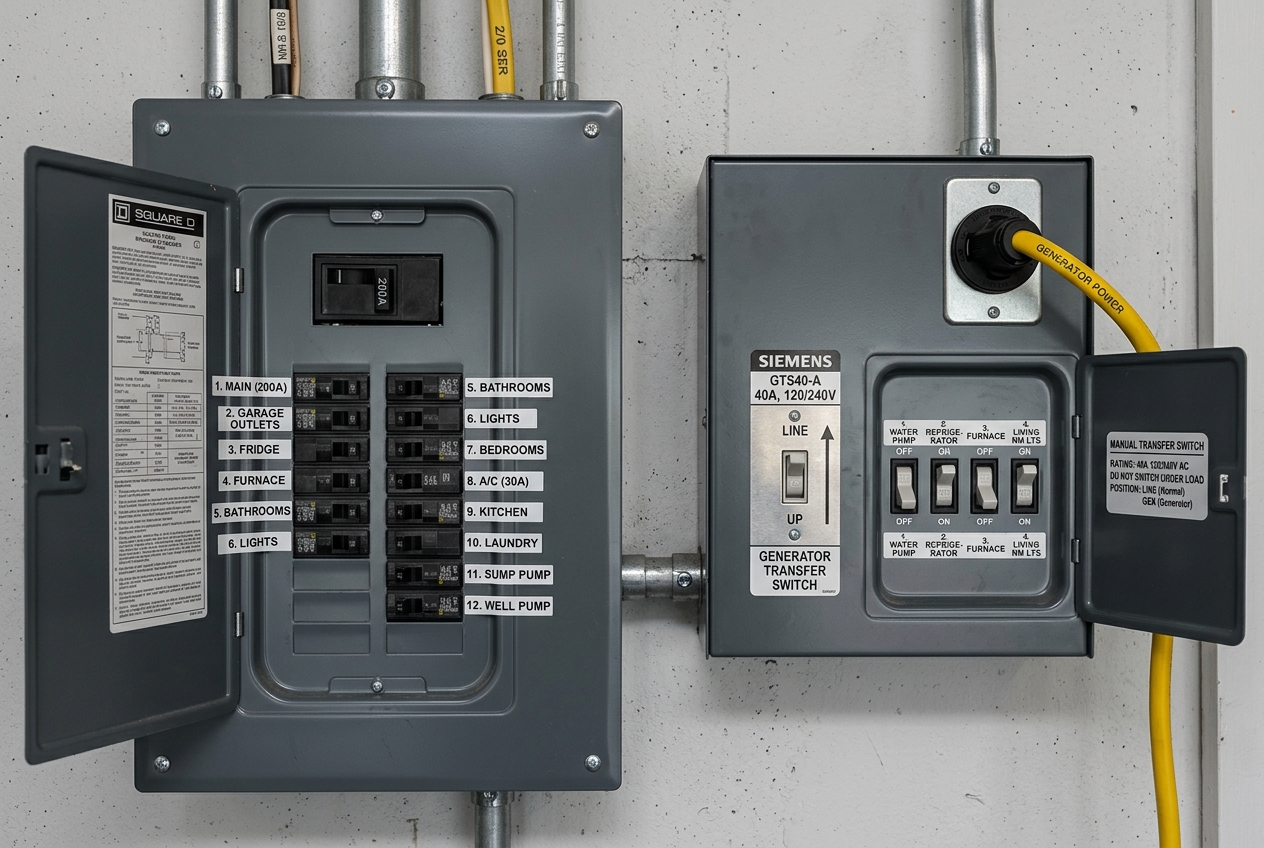 Manual generator transfer switch installed beside a home breaker panel, with a yellow generator power cord connected