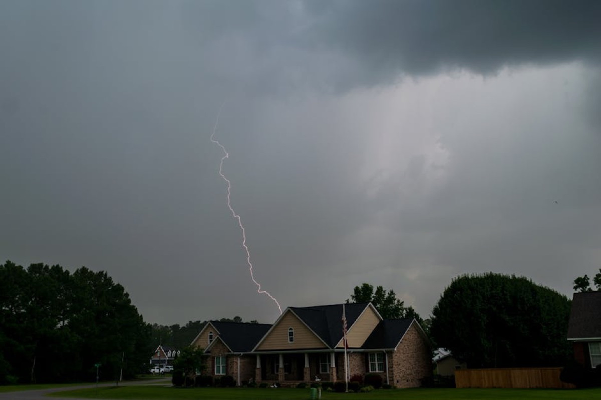 Lightning storm over a suburban neighborhood, where a DuroMax XP10000EH dual-fuel generator provides multi-day backup power