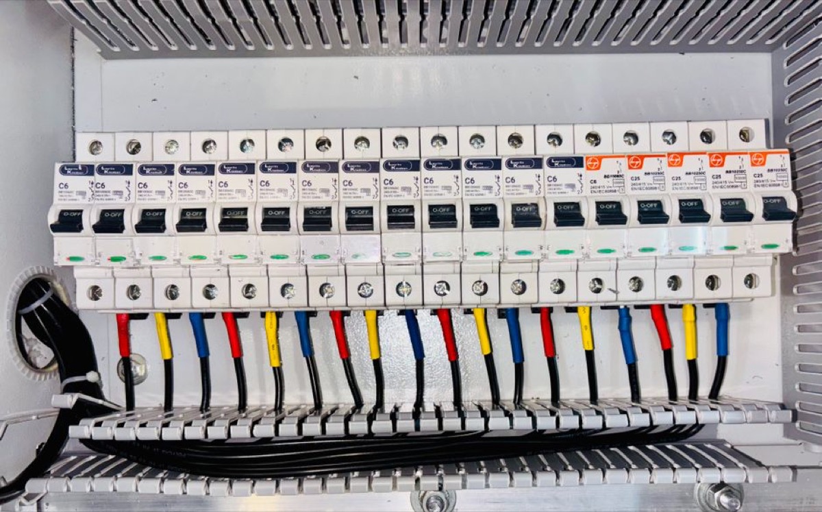 Residential circuit breaker panel with color-coded wiring, representing the electrical infrastructure a standby generator connects to via automatic transfer switch