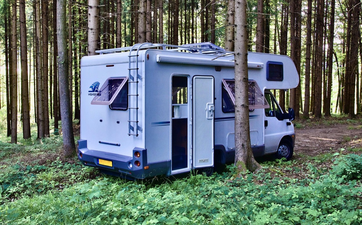 RV parked in forest campground with outdoor camping setup