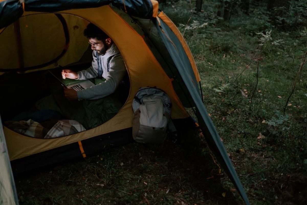 Camping with portable power - tent setup with electronics charging overnight