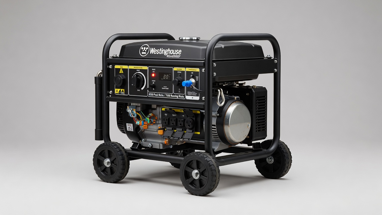 Portable generator positioned near residential driveway for home backup power